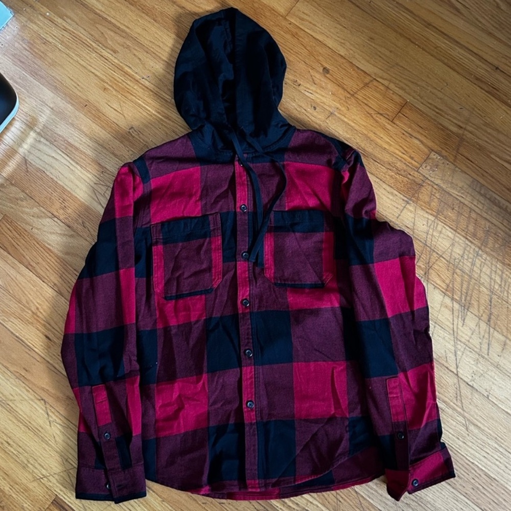 Original Use Red and Black Lightweight Buffalo Plaid Hooded Jacket